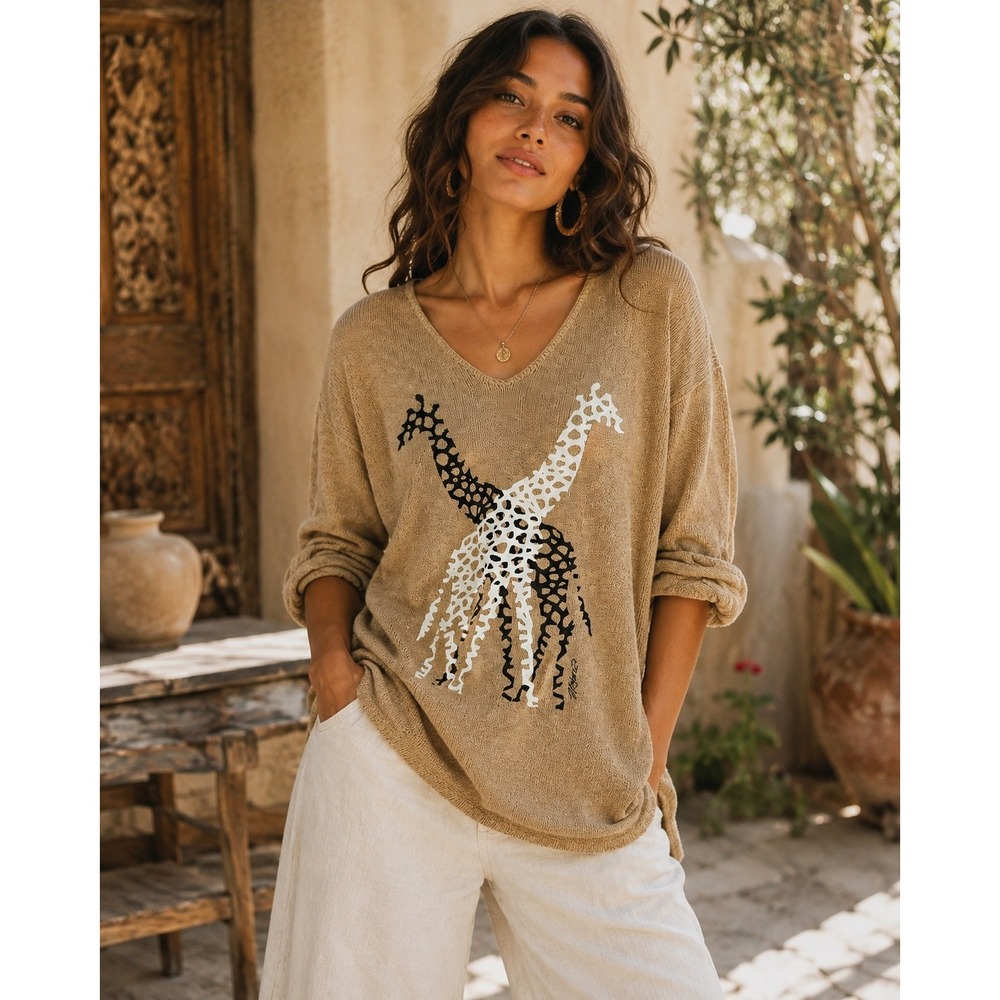 Vintage Victoria One‎ Size Tunic Sweater Jungle Safari Giraffe Knit Brown LS